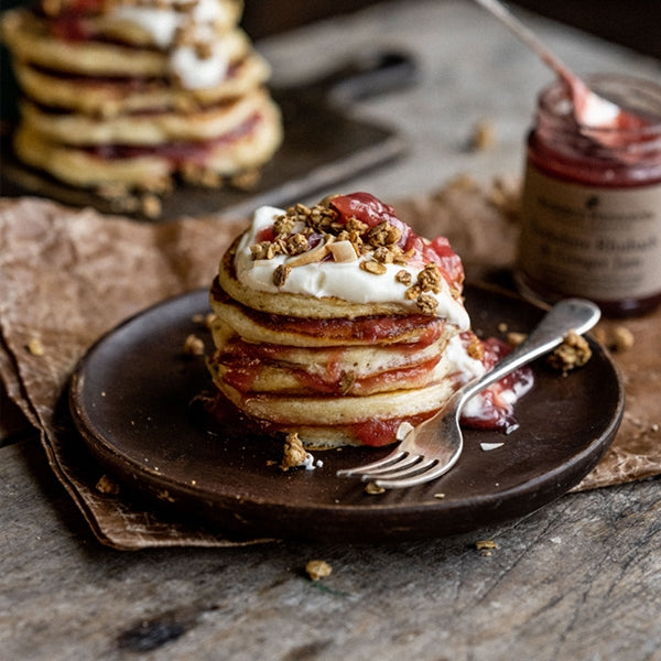 Rhubarb Jam Pancake Stack